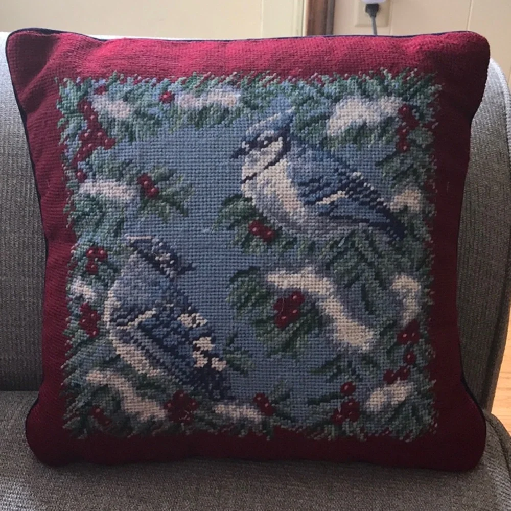 NWT Lands' End Holiday Blue Jays with Berries 12 x 12 Needlepoint Pillow